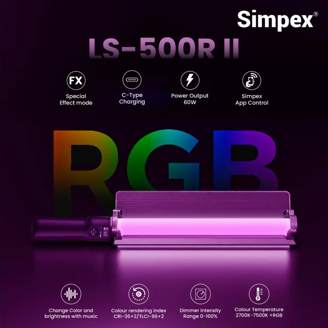 Simpex LS-500R (Mark II) 60W RGB LED Light Stick with App Control - Image 6