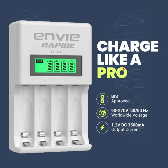 ENVIE ECR 31 Rapide Ultra Fast Charger for Rechargeable Batteries AA & AAA Ni-mh, with LCD Display with Smart Charge Control System - Image 2