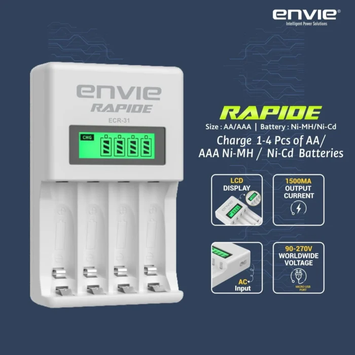 ENVIE ECR 31 Rapide Ultra Fast Charger for Rechargeable Batteries AA & AAA Ni-mh, with LCD Display with Smart Charge Control System - Image 3
