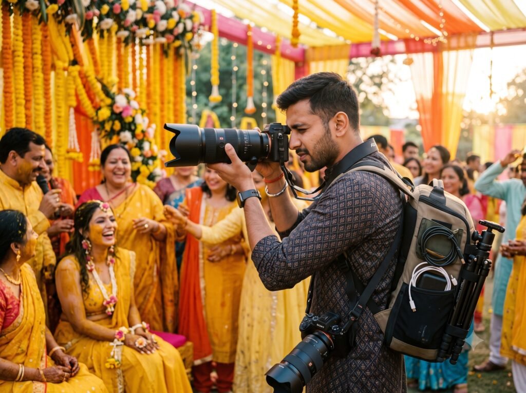 Indian wedding photographer shooting a candid haldi ceremony with a full-frame mirrorless camera and telephoto zoom lens